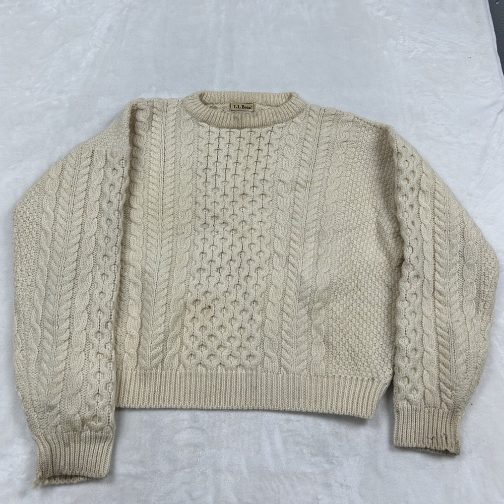 LL Bean Fisherman Sweater Mens Large Cream Wool Cable Knit Made in Ireland